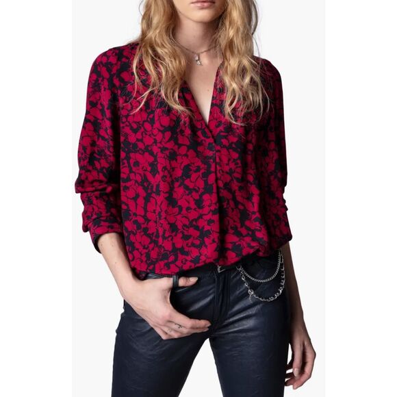 NWOT ZADIG & VOLTAIRE Tink Bico Floral Blouse In Bordeaux, Small $278 - Picture 1 of 10